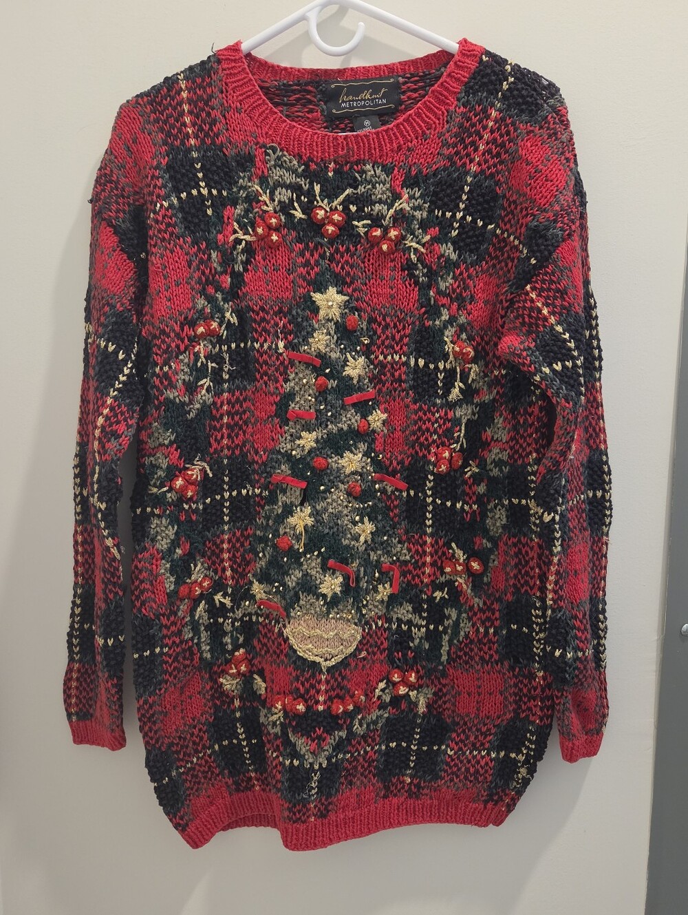 Vintage Red, Black, Green, Gold Plaid Embroidered Knit Christmas Tree Sweater